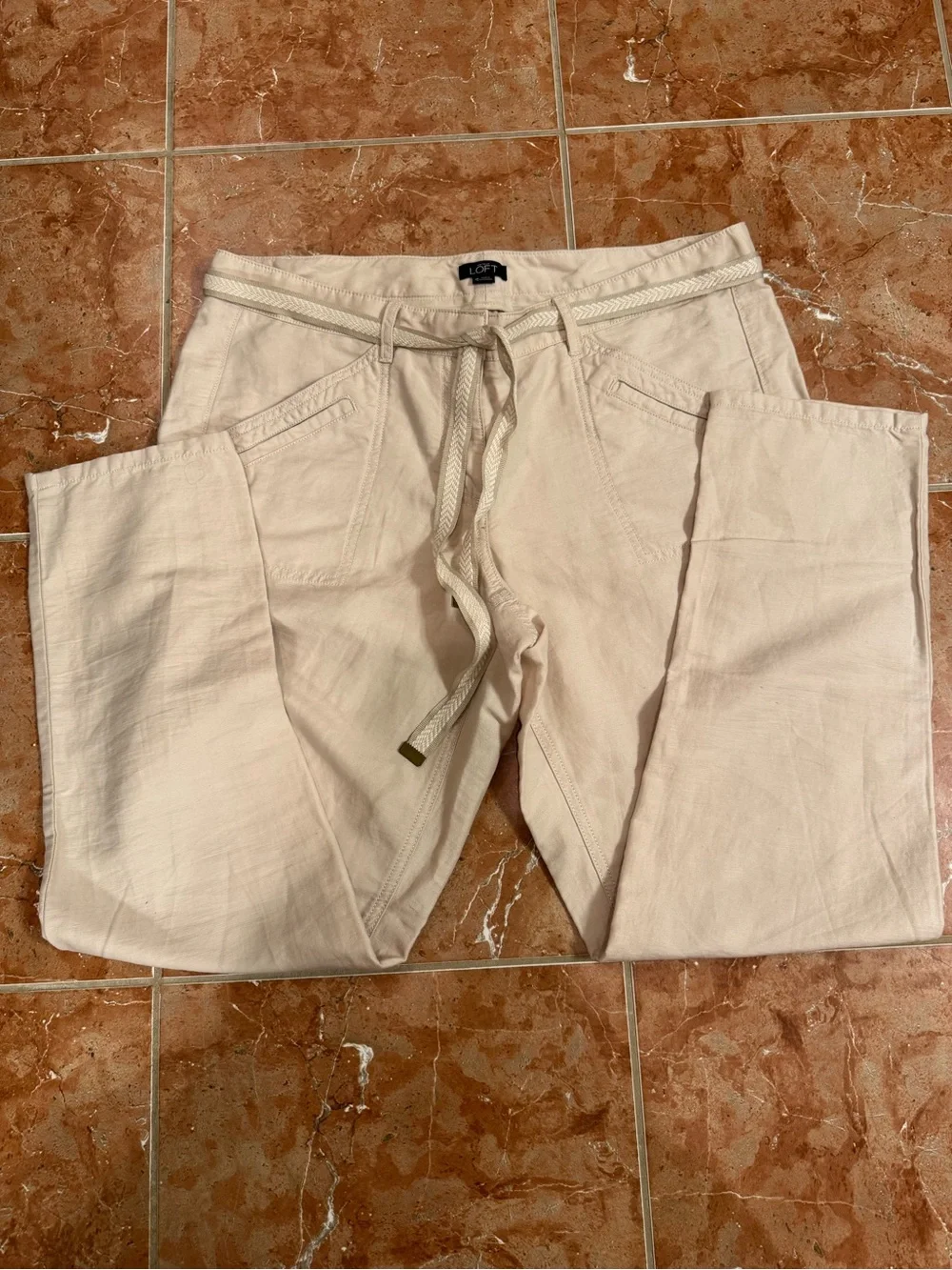 LOFT Marisa Cream Linen Cotton Blend Crop Pants Fold Up Capris Sz 10 Belt NWOT